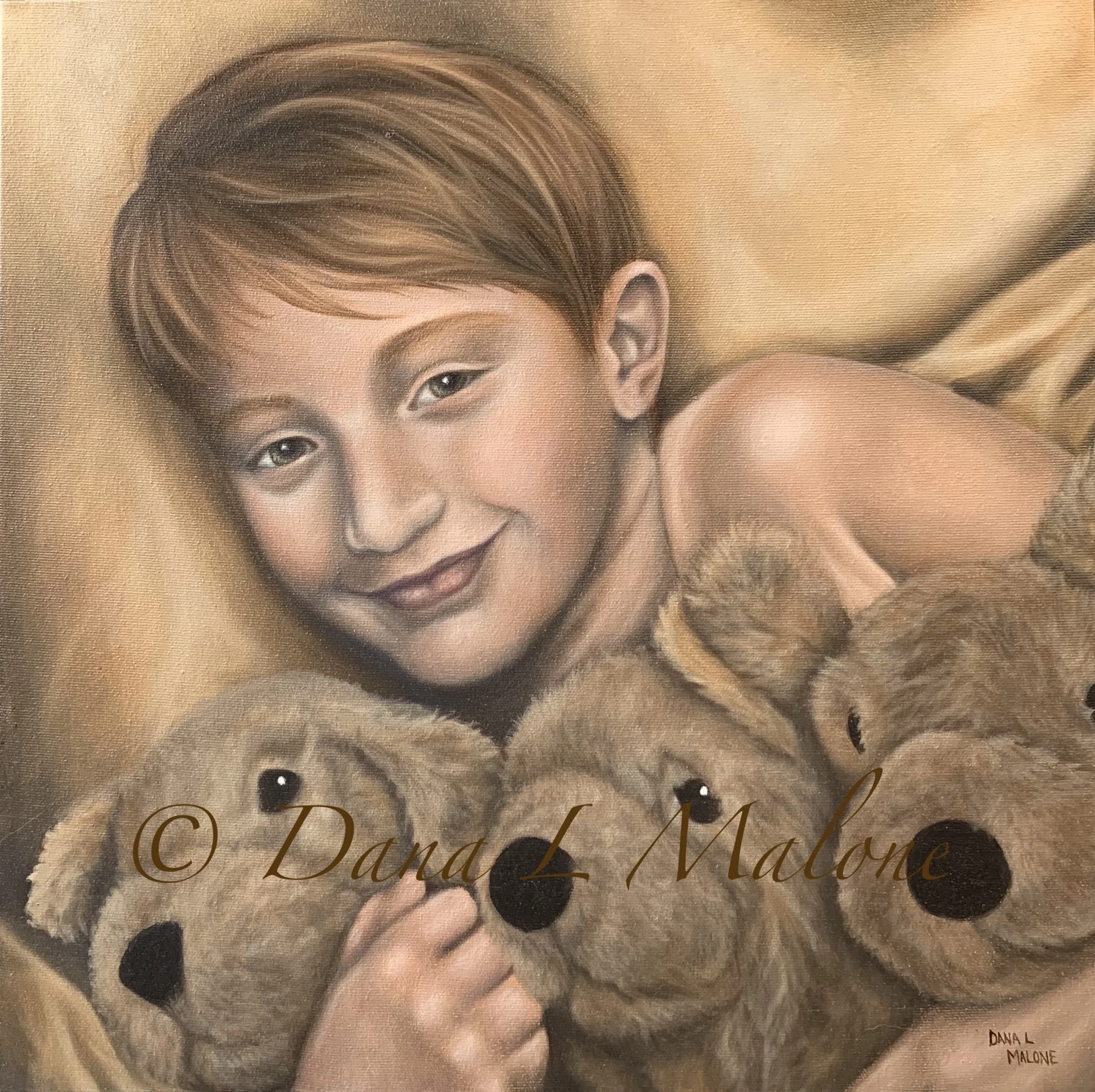 Oil Painting of young boy and his stuffed toys by Dana Malone