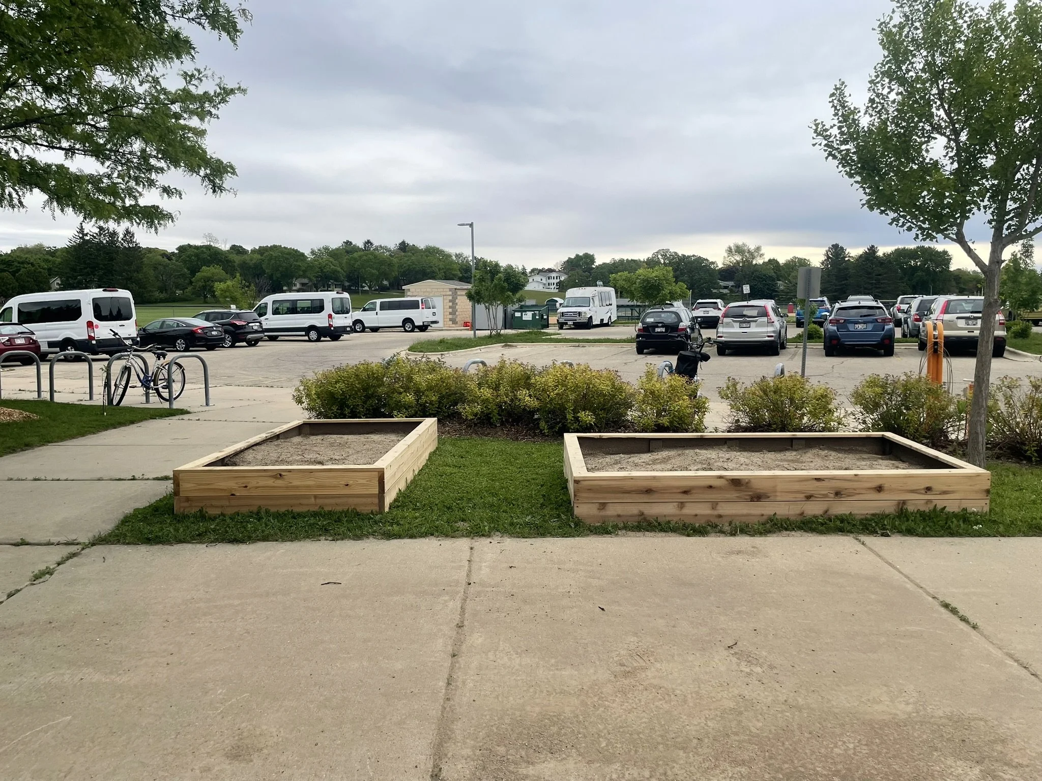 Two wood raised garden beds built for the Lussier Community Education Center in Madison, WI