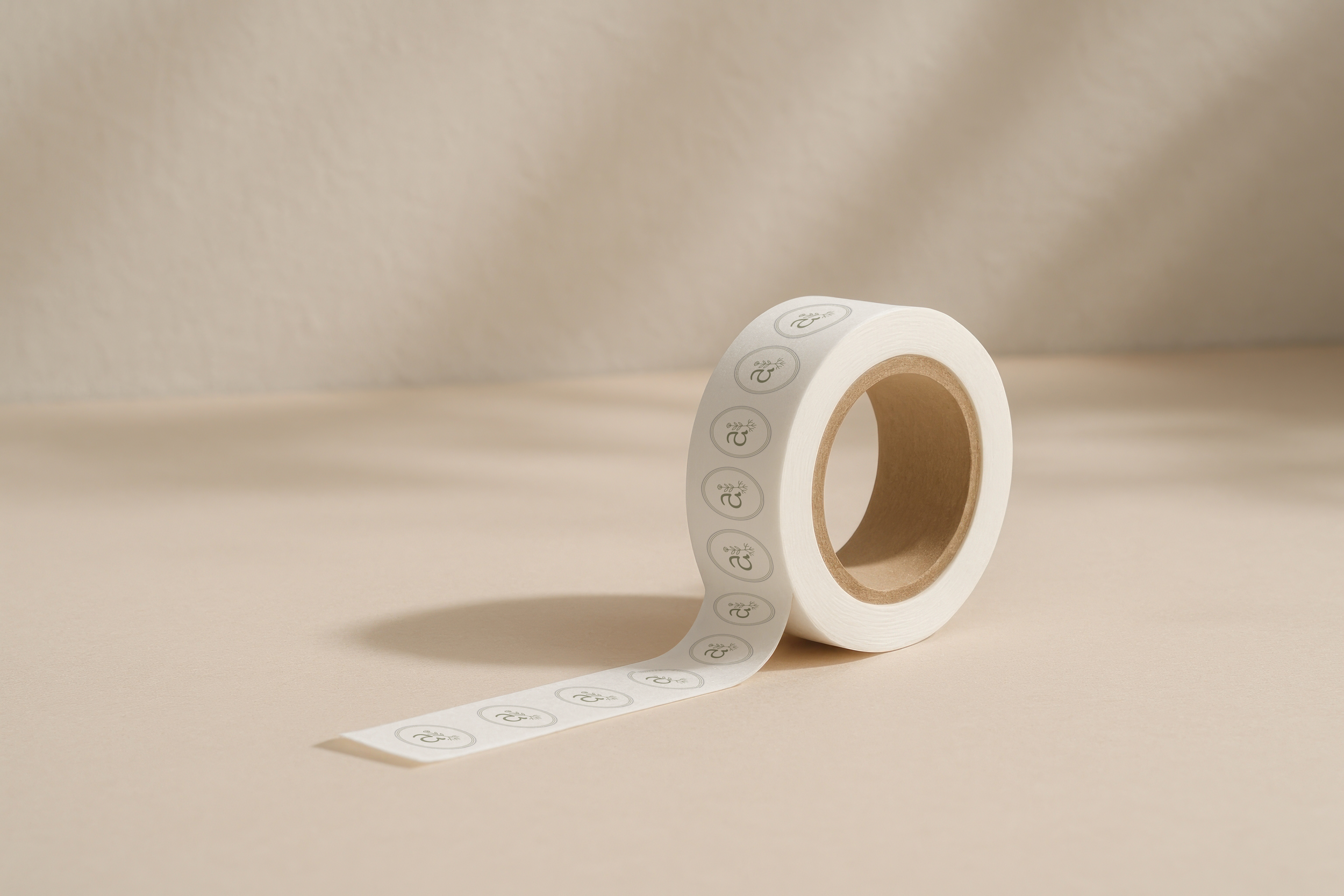 White roll of tape with printed icons and symbols, partly unrolled on a beige surface. The printed icons are the badge logo for Angie Collective, designed by Evelle Creative.