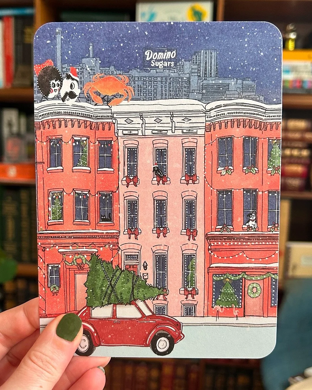 This year I knew I wanted to do a holiday card illustration. And I knew that I wanted to share the warmth I feel at home in Baltimore with others. So, naturally, I decked the halls (literally) and scattered a few Easter eggs throughout. 

And I must 