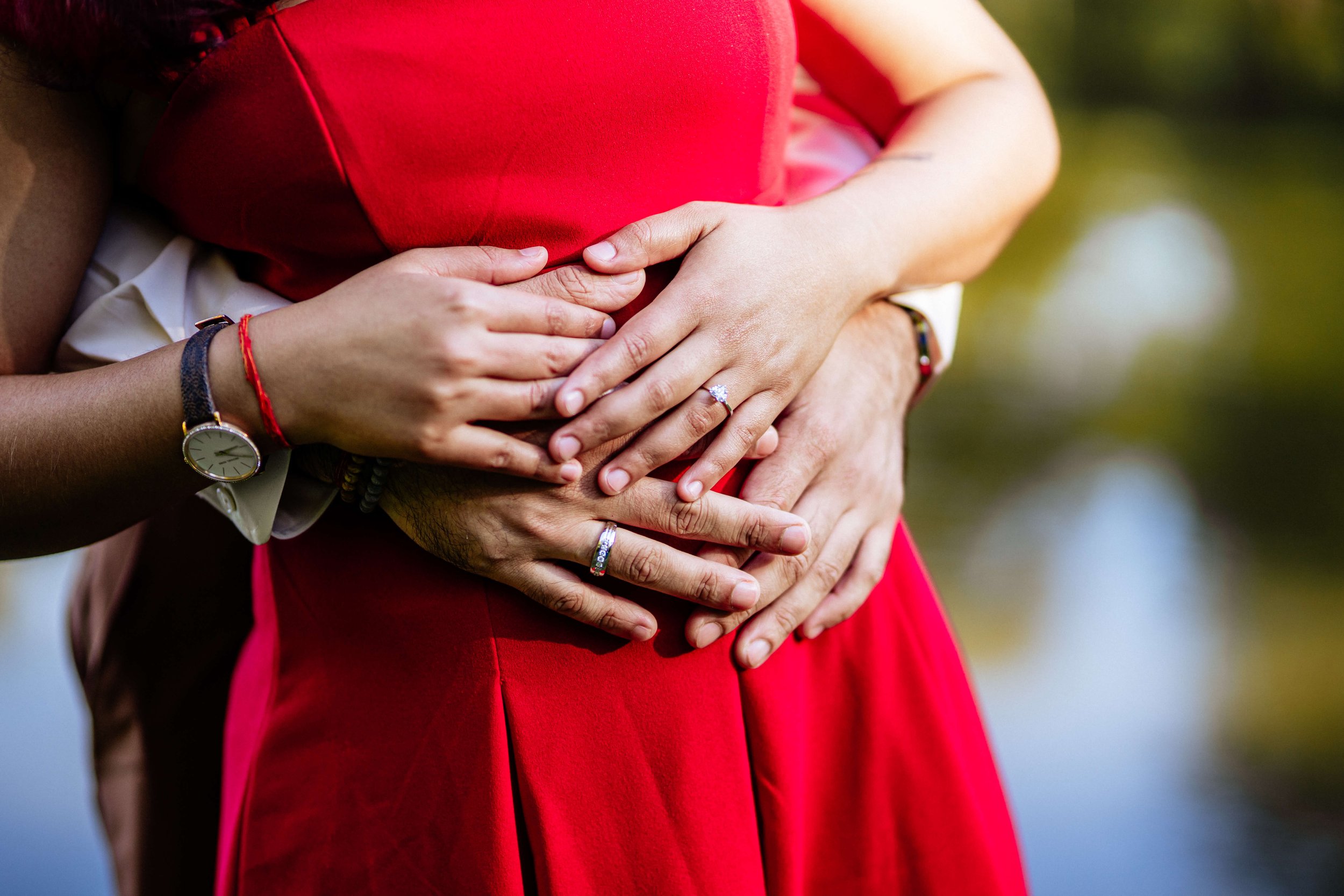 Close up engagement ring detail photographed during surprise proposal