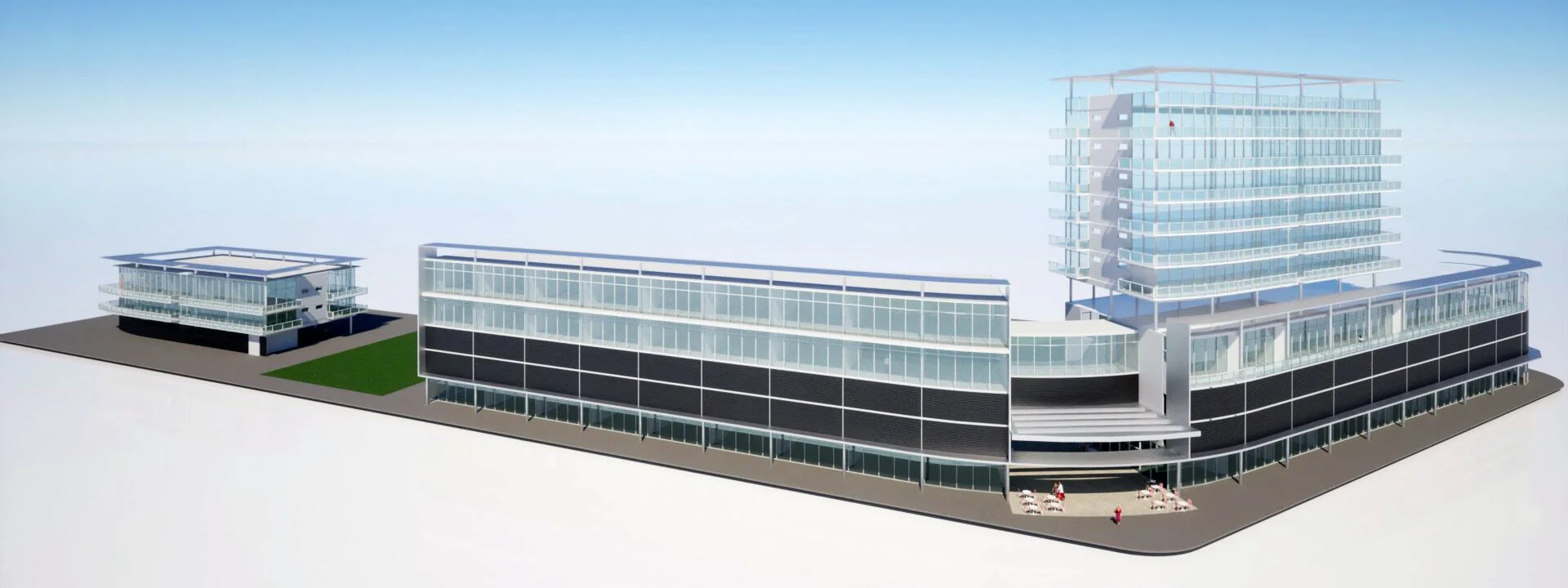 Bird's eye view of the retail, residential and office components.