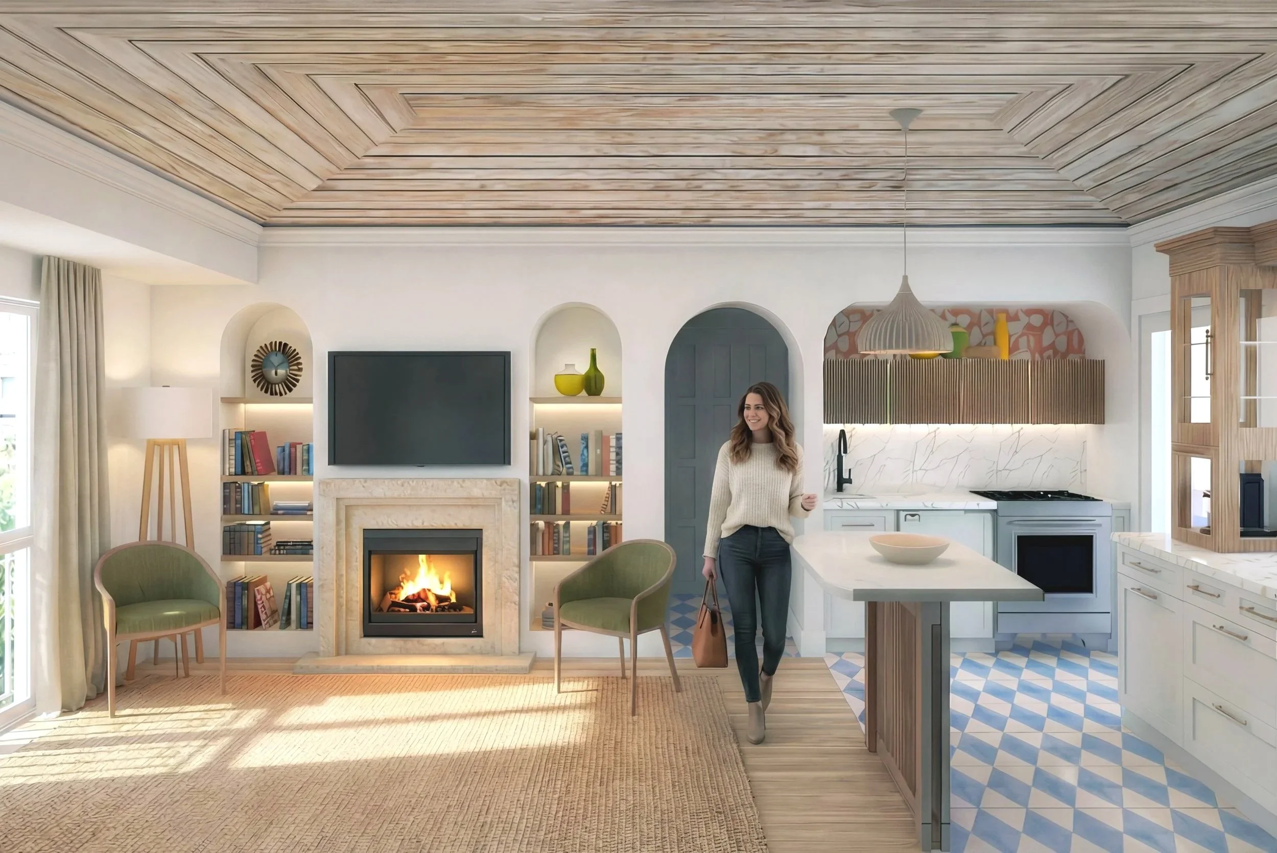 Interior rendering showing the kitchenette and fireplace