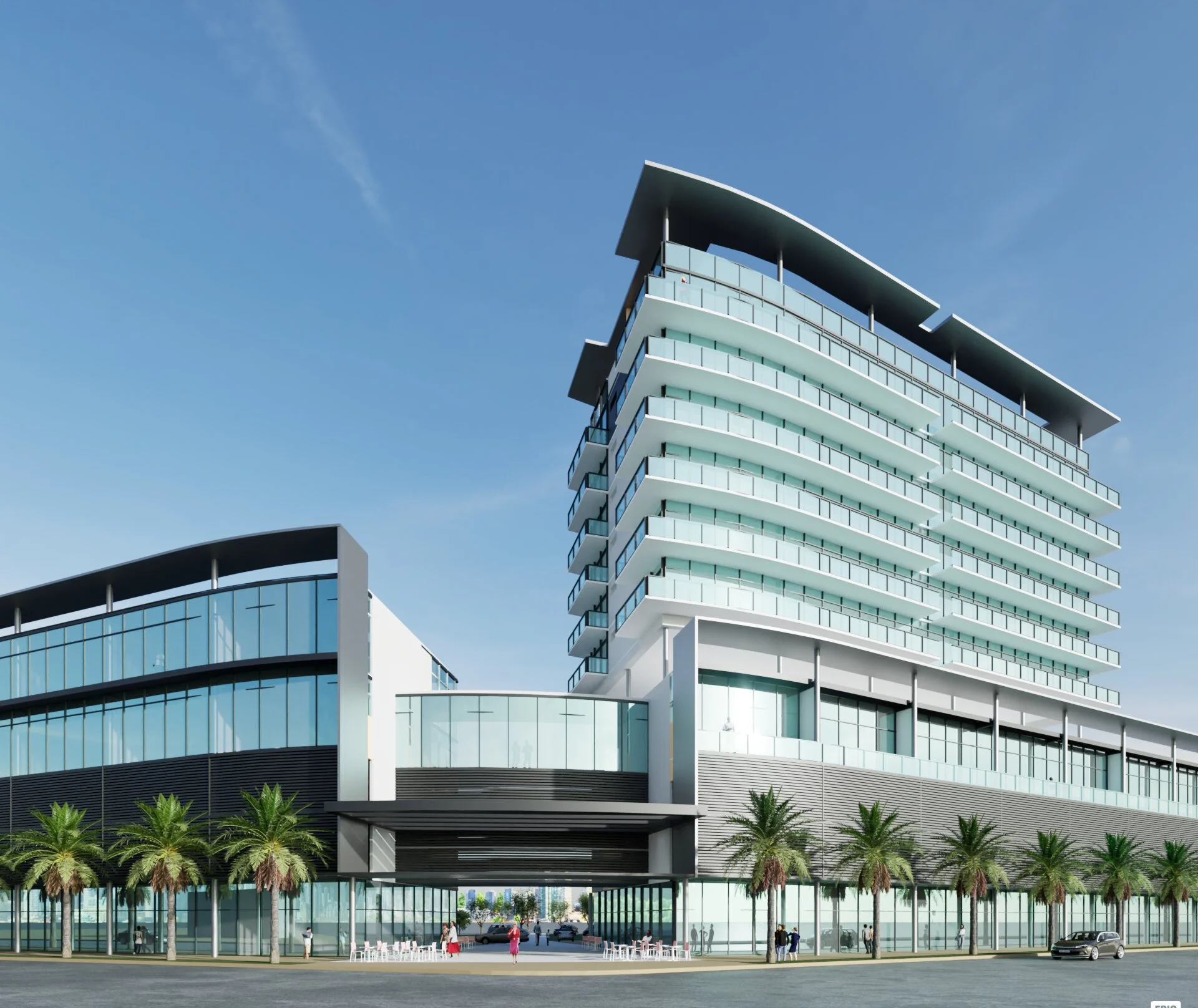 View into arrival nexus showing residential and office towers and street level retail.