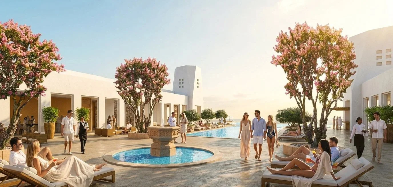 View towards the pool deck and bar of the beach club resort.