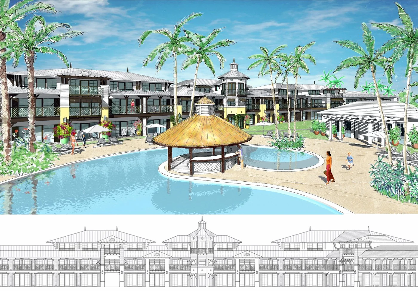 View of the resort pool and the refurbished hotel.