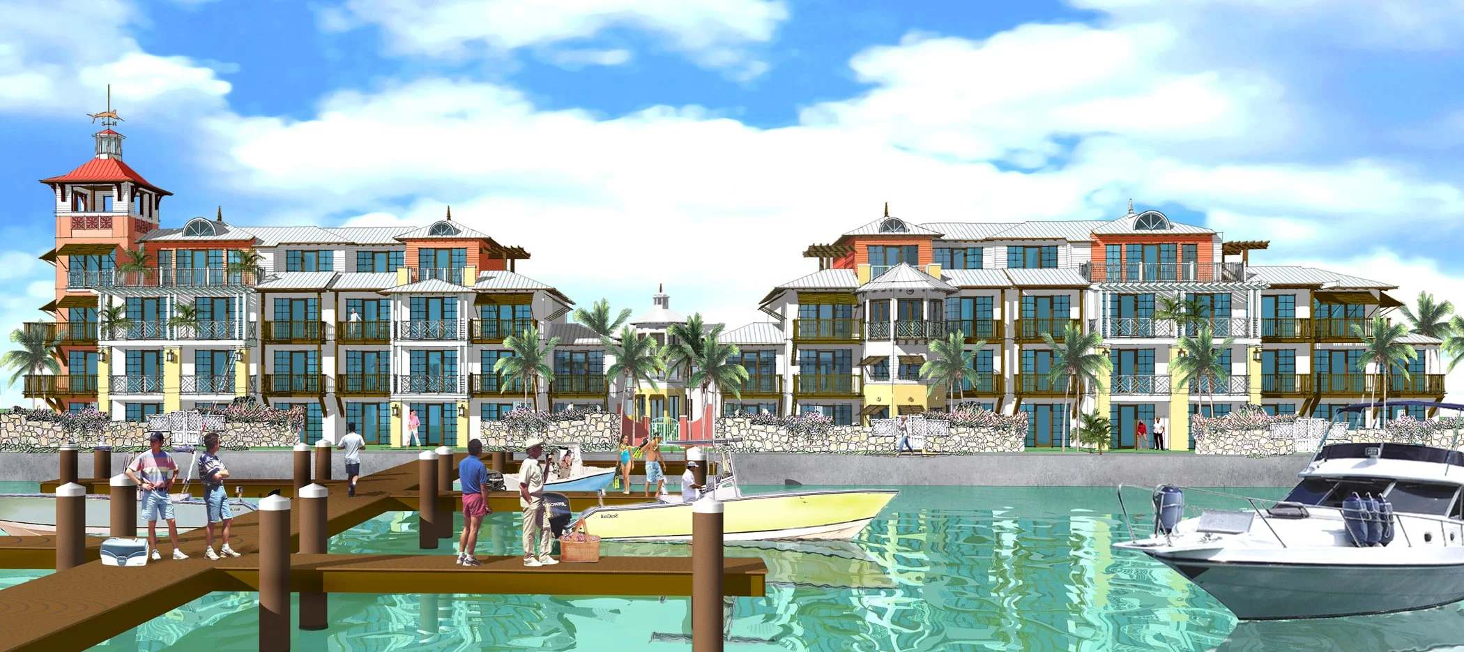 View of the resort from the arrival marina.
