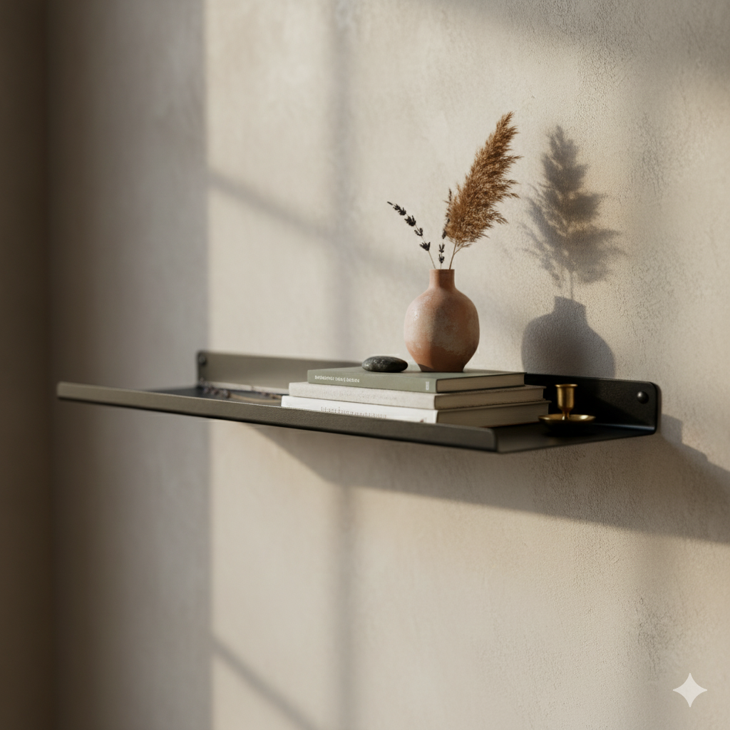 Tenza U Shaped Metal Floating Shelf mounted on a wall with a few books and a decorative vase with some plants in it.