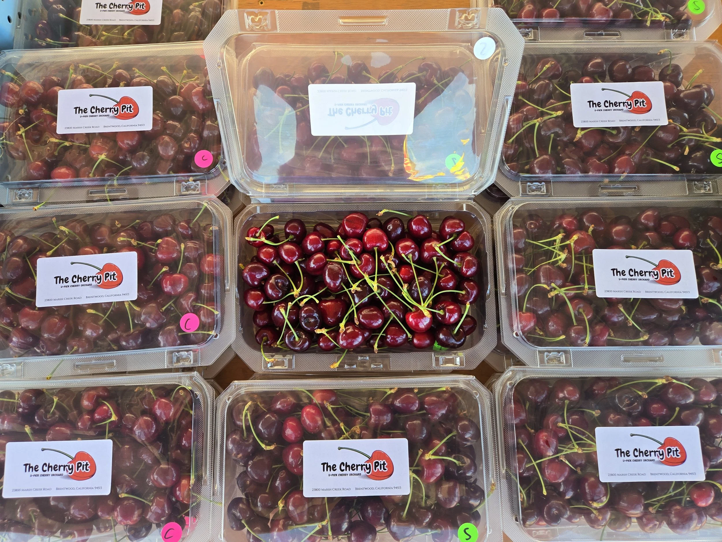 Multiple clear plastic containers filled with fresh cherries, with some containers labeled 'The Cherry Pit' and colored stickers, arranged on a wooden surface.