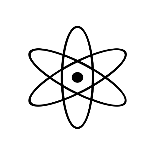 A simple black and white outline drawing of an atom with a central nucleus and three elliptical electron orbits.
