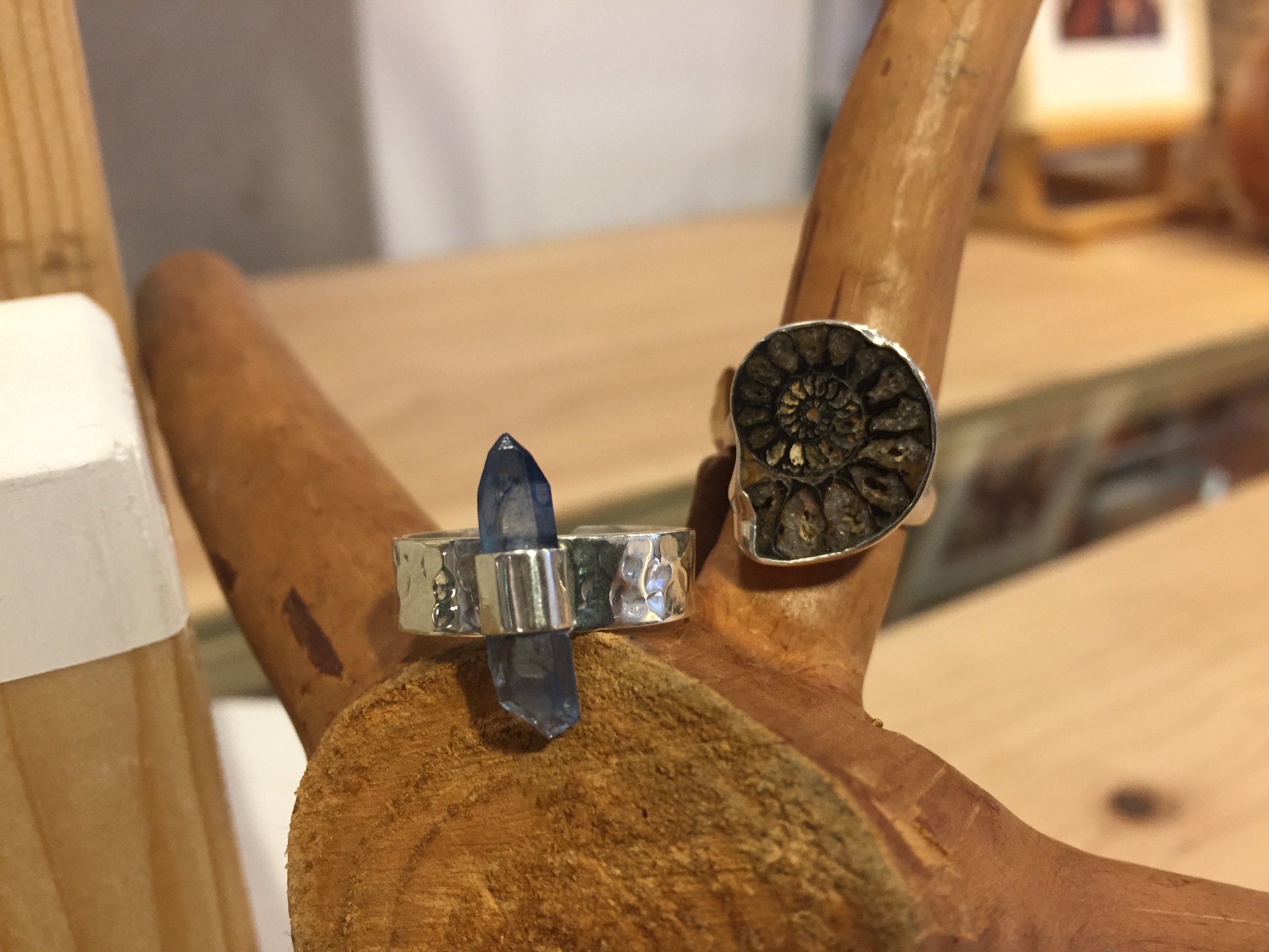 Blue Quarts &amp; Timbered Silver  / Amonite silver ring