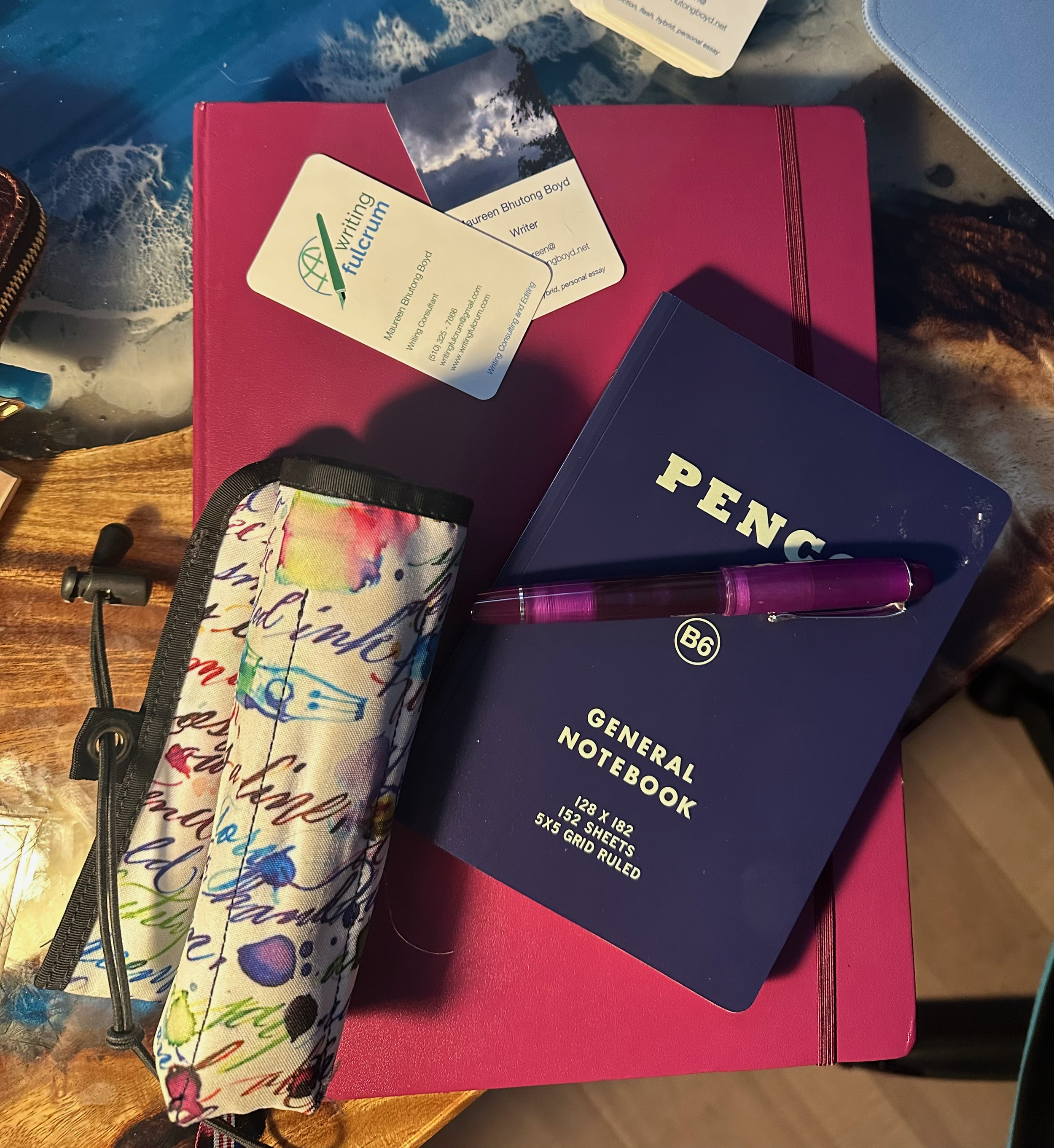 Maureen's notebooks and pens.