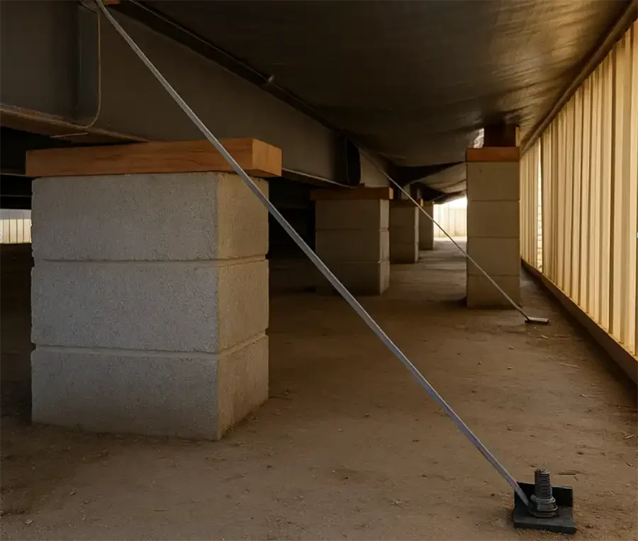 Underfloor support system with concrete blocks, wooden shims, and metal braces in a construction site or basement.