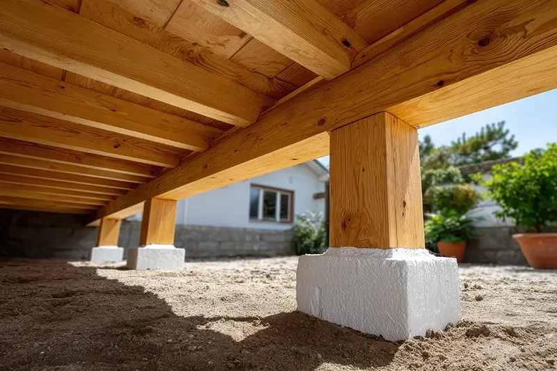 Wooden deck or porch support beams with concrete footings on soil, in an outdoor setting with plants and a house in the background.