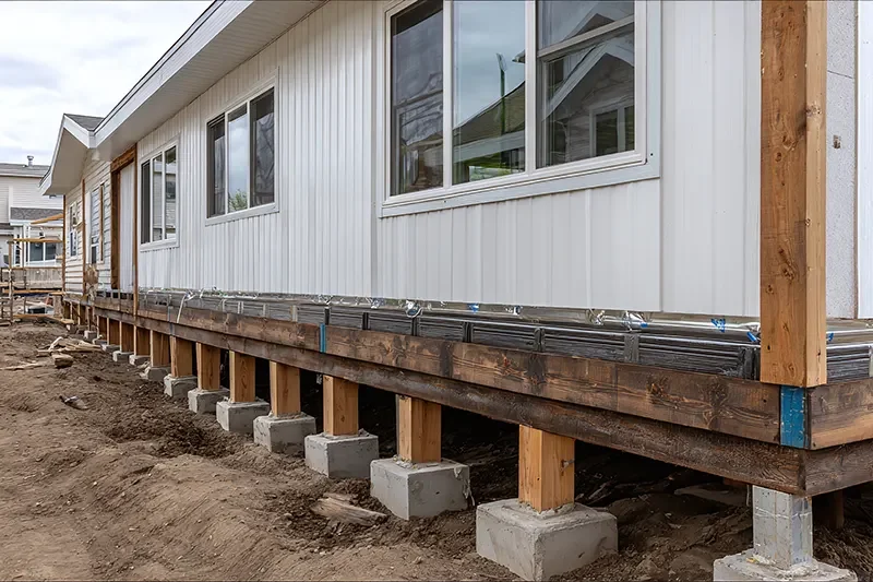 Exterior view of a house under construction, showing the foundation and support beams, with the house siding and windows installed.