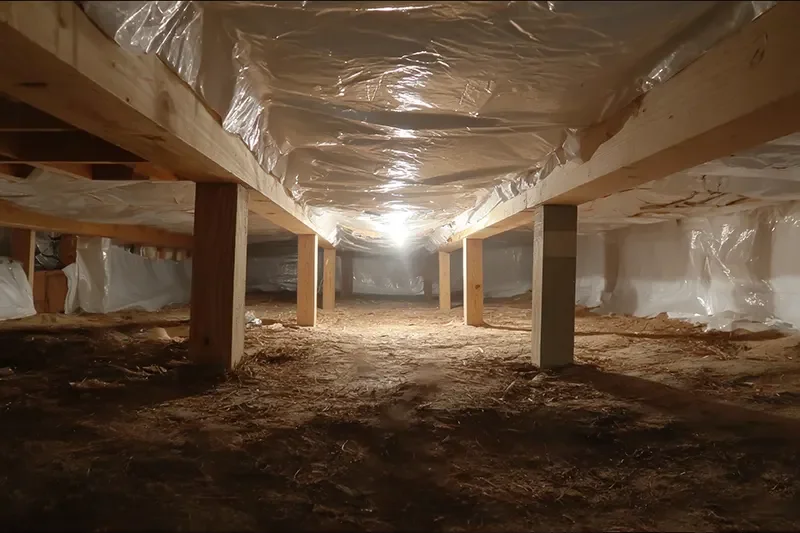 View of an unfinished crawl space with wooden support beams, insulation, and a dirt floor, illuminated by a bright light.