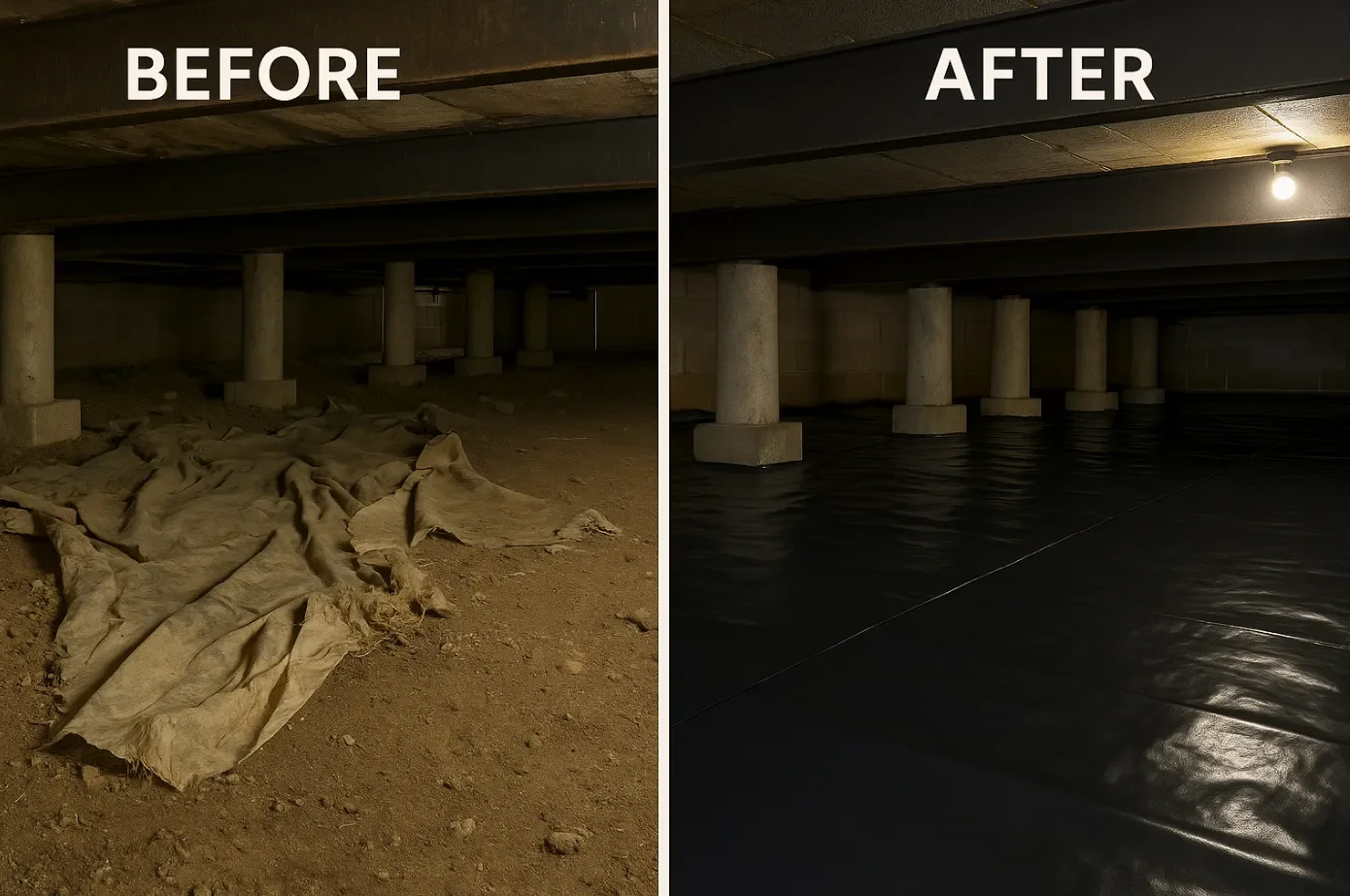 Side-by-side comparison of a basement floor before and after waterproofing. The left shows a dirt and debris-covered floor, while the right shows a sealed, waterproofed floor with a black coating under the support columns.