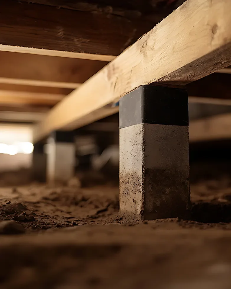 Close-up of a wood beam supported by a concrete block on a dirt floor, with a blurred background of additional support structures.