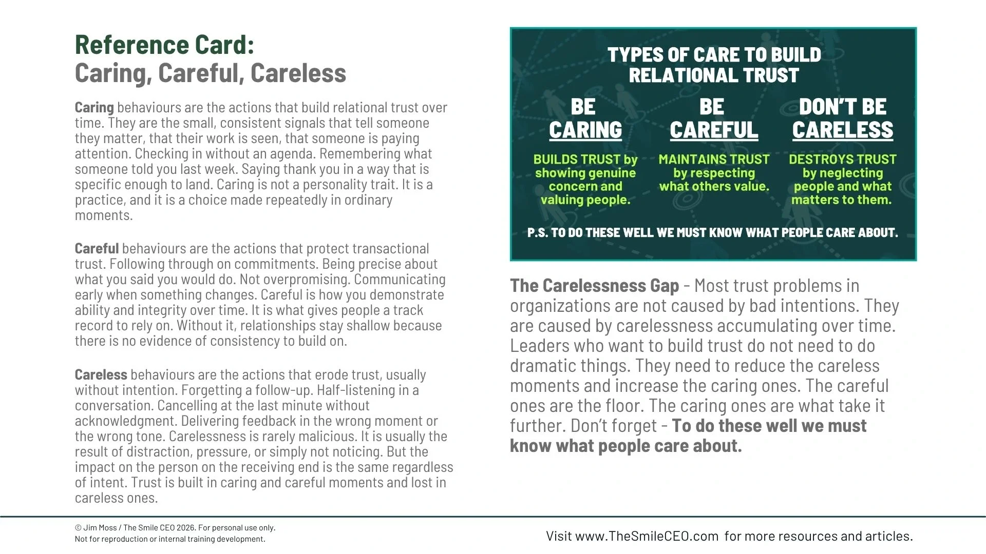 A reference card titled "Caring, Careful, Careless" explaining behaviors that build or erode trust, with a section on types of care to build relational trust: Be Caring, Be Careful, Don't Be Careless, each with descriptive text and a note to understand what people care about.