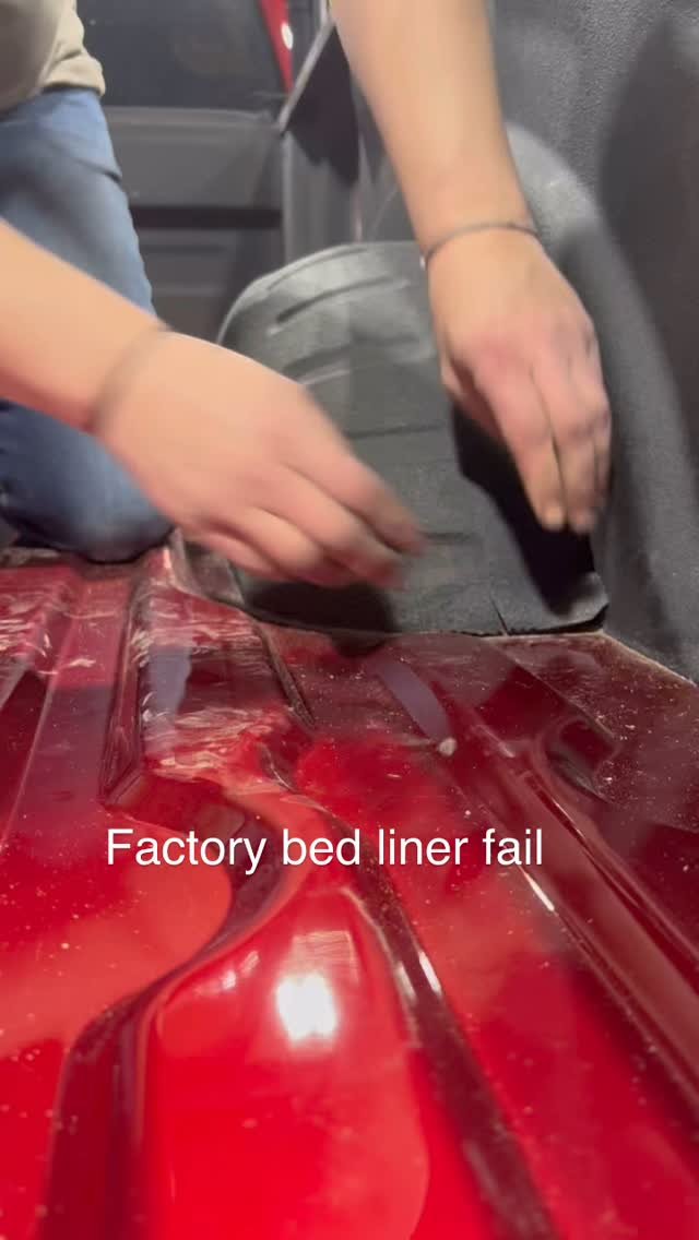No spray on bed liner should ever peel off your truck this easily!! Why does this happen? It’s a combination of things: the surface was poorly prepped and poor quality of product. We tend to see this happen a lot from factory bed liners. We sta