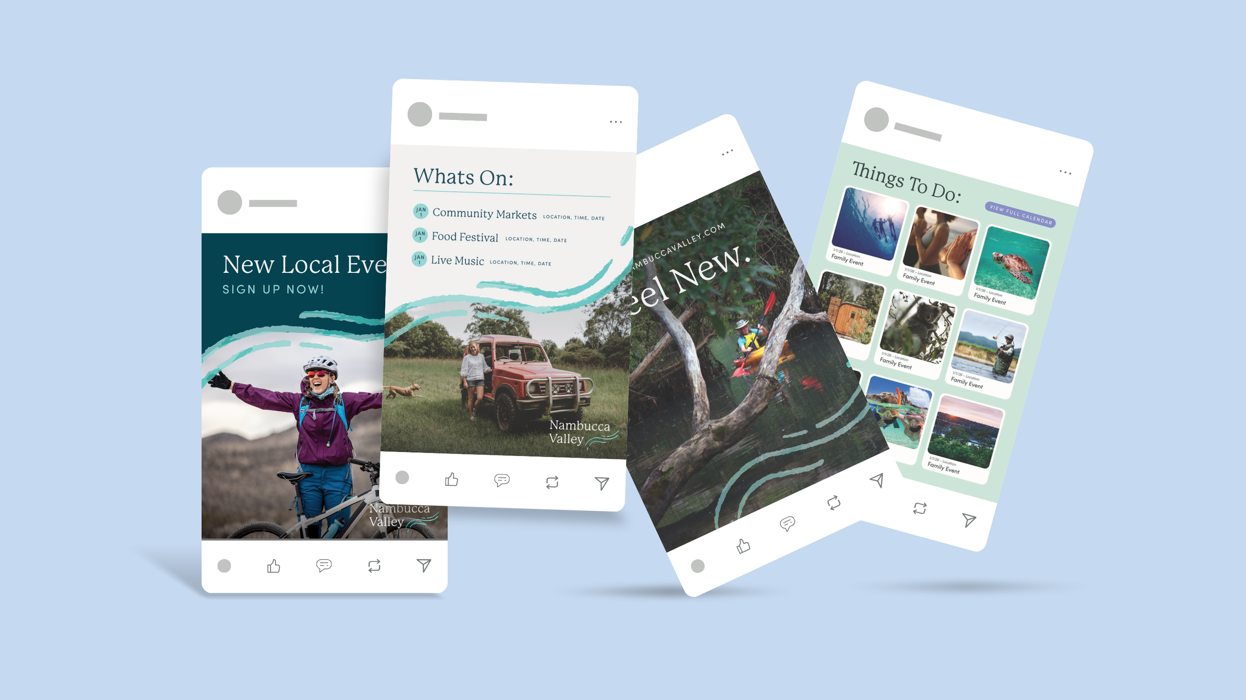Series of digital flyers and posters promoting community events, outdoor activities, and local charity sign-ups, featuring images of people hiking, biking, kayaking, and attending festivals.