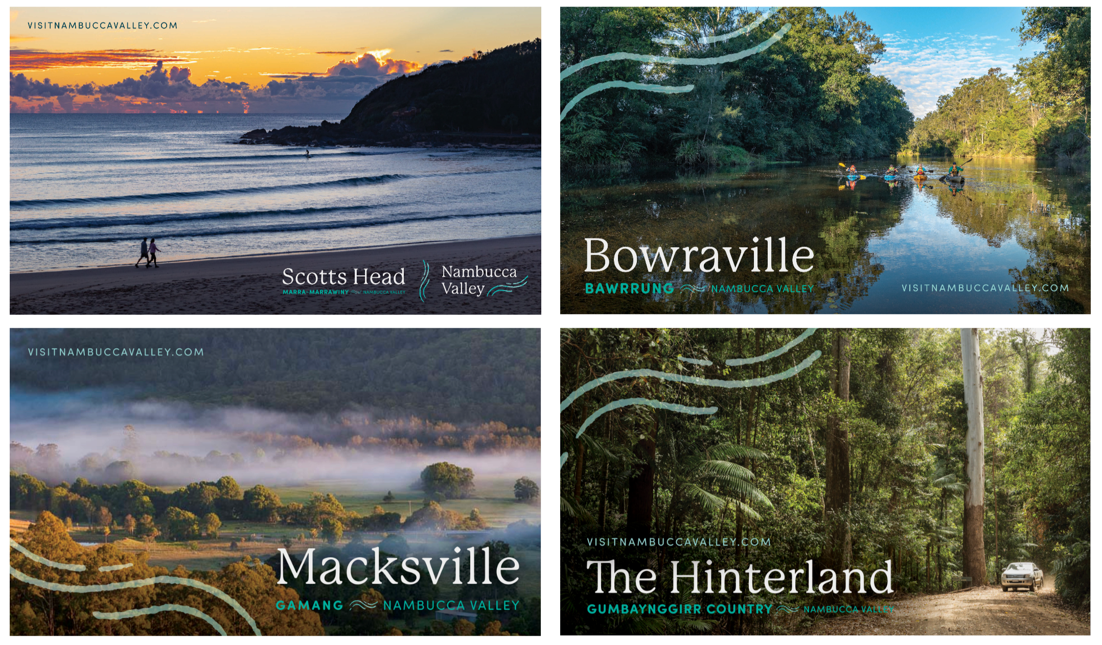 Collage of four images showcasing scenery in Nambucca Valley, including a sunset over the ocean at Scotts Head, a river scene at Bowraville with people kayaking, a landscape with fog and trees at Macksville, and a wooded country road in The Hinterland with a parked car.