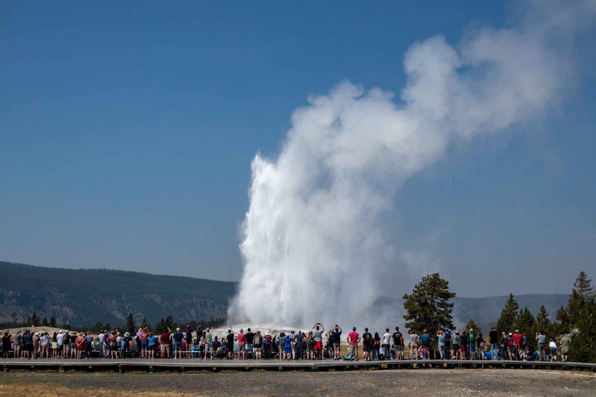 Old Faithful geyser erupts in Yellowstone National Park.