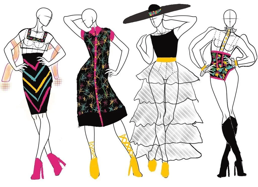 Some sketches for a possible collection inspired by Mexicana of the past and present, including Tejuanas, baile folklorico, pre-Columbian mythology and soldaderas.