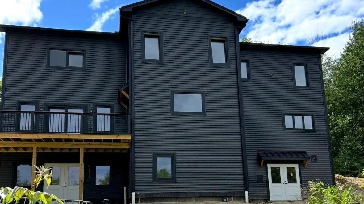 Black modern multi-story house with vinyl siding, multiple windows, a balcony with a railing, and a white door on the ground level, surrounded by green trees under a partly cloudy sky.