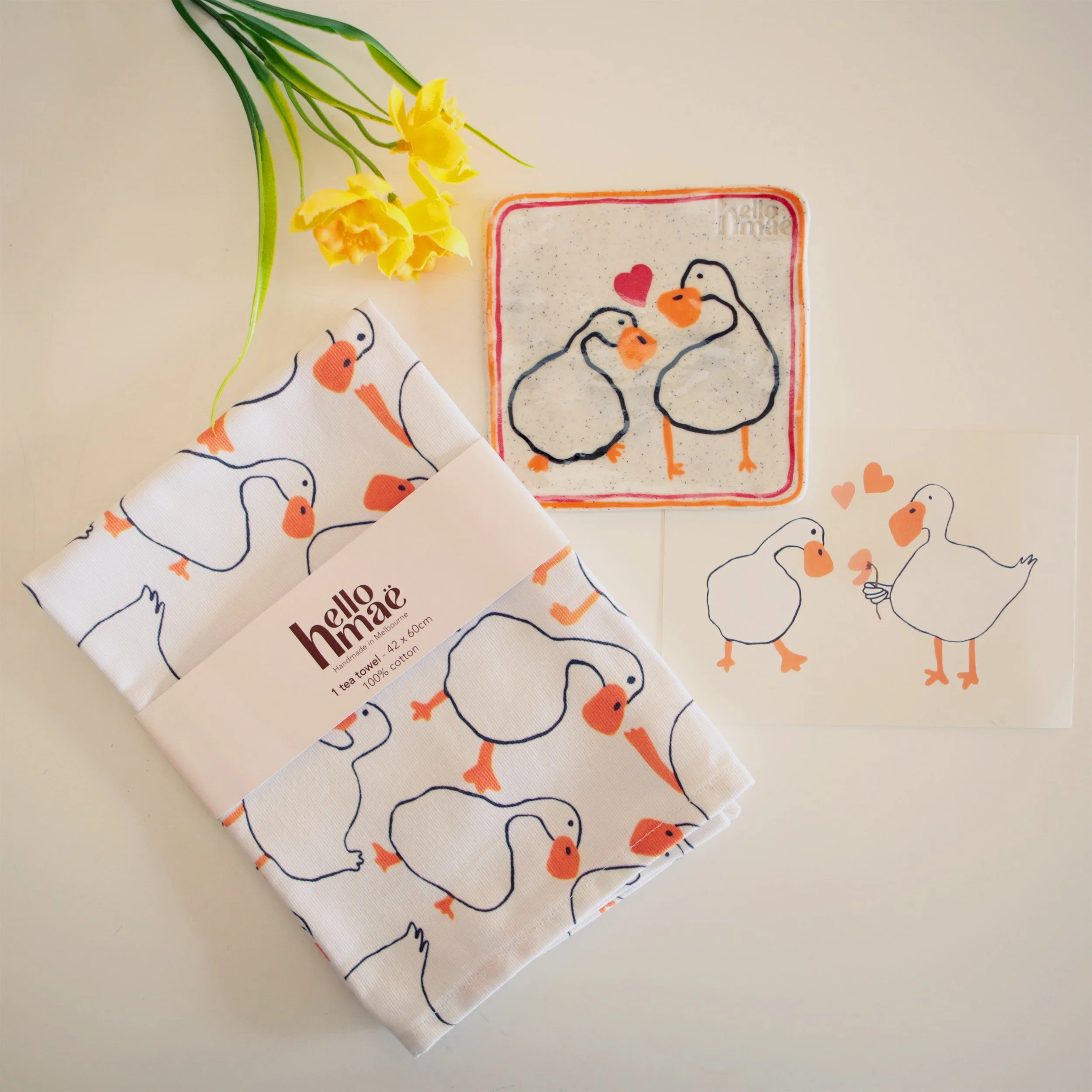 love day bundle, duck tea towel and loving duck ceramic coaster
