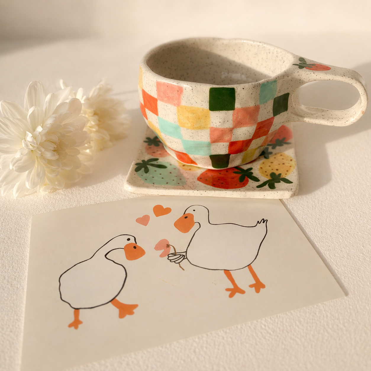 Ceramic Cup & Coaster Set - Check & Strawberry