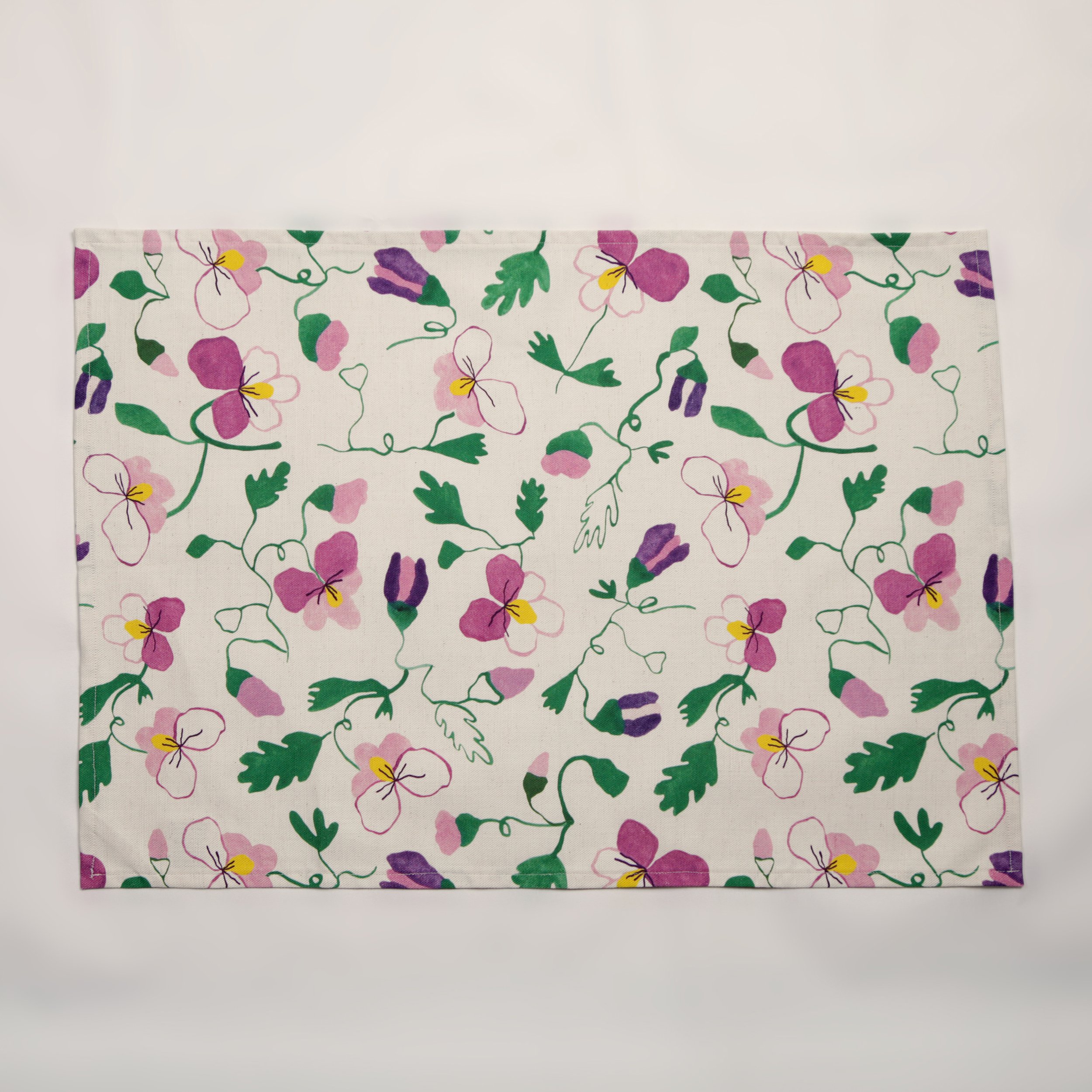 Tea towel set of 3 , print, cotton linen, pansy, rainbow chard, and check