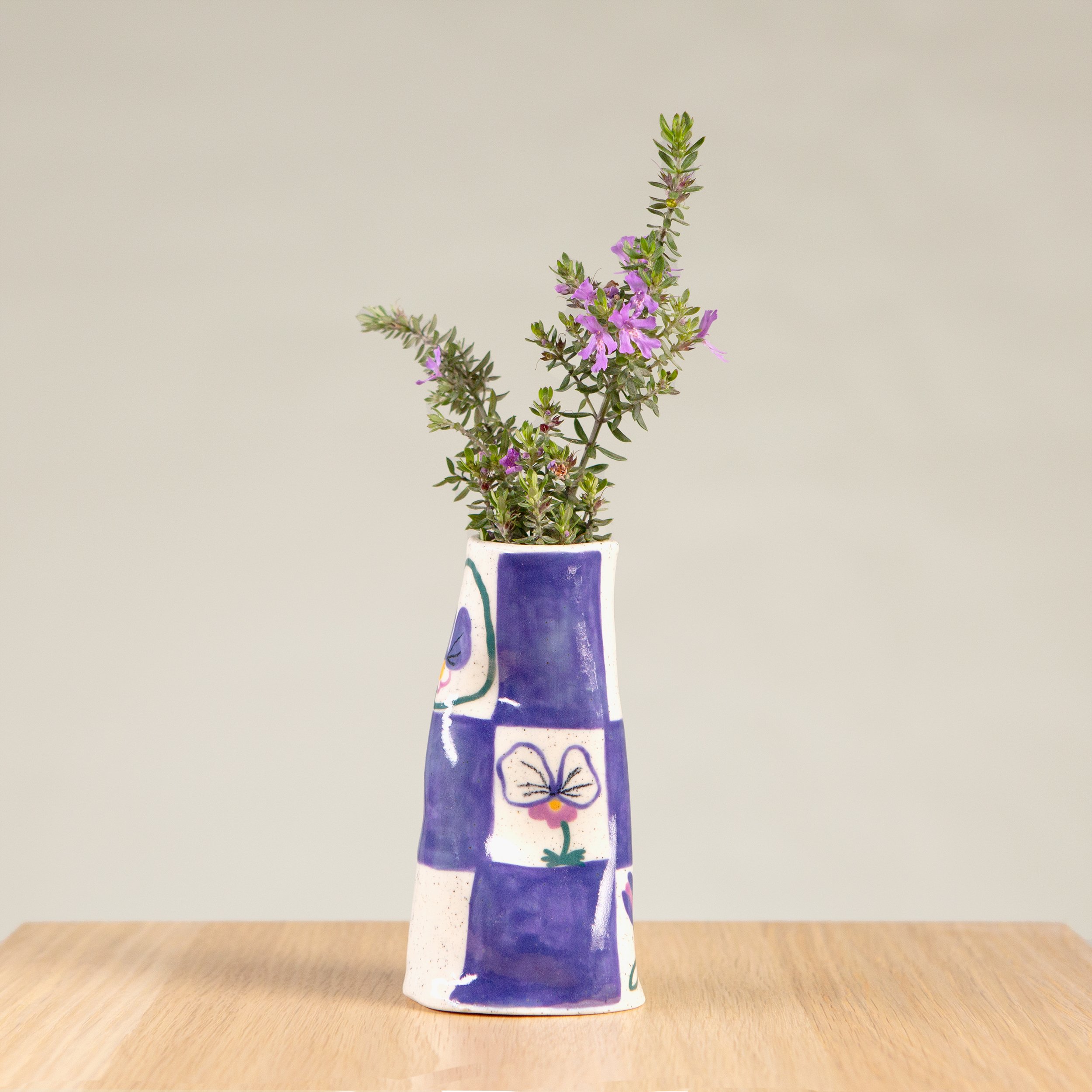 Mini ceramic vase with hand-painted Pansy Flowers & a blue check artwork on speckled clay, handmade in Melbourne by hellomaë