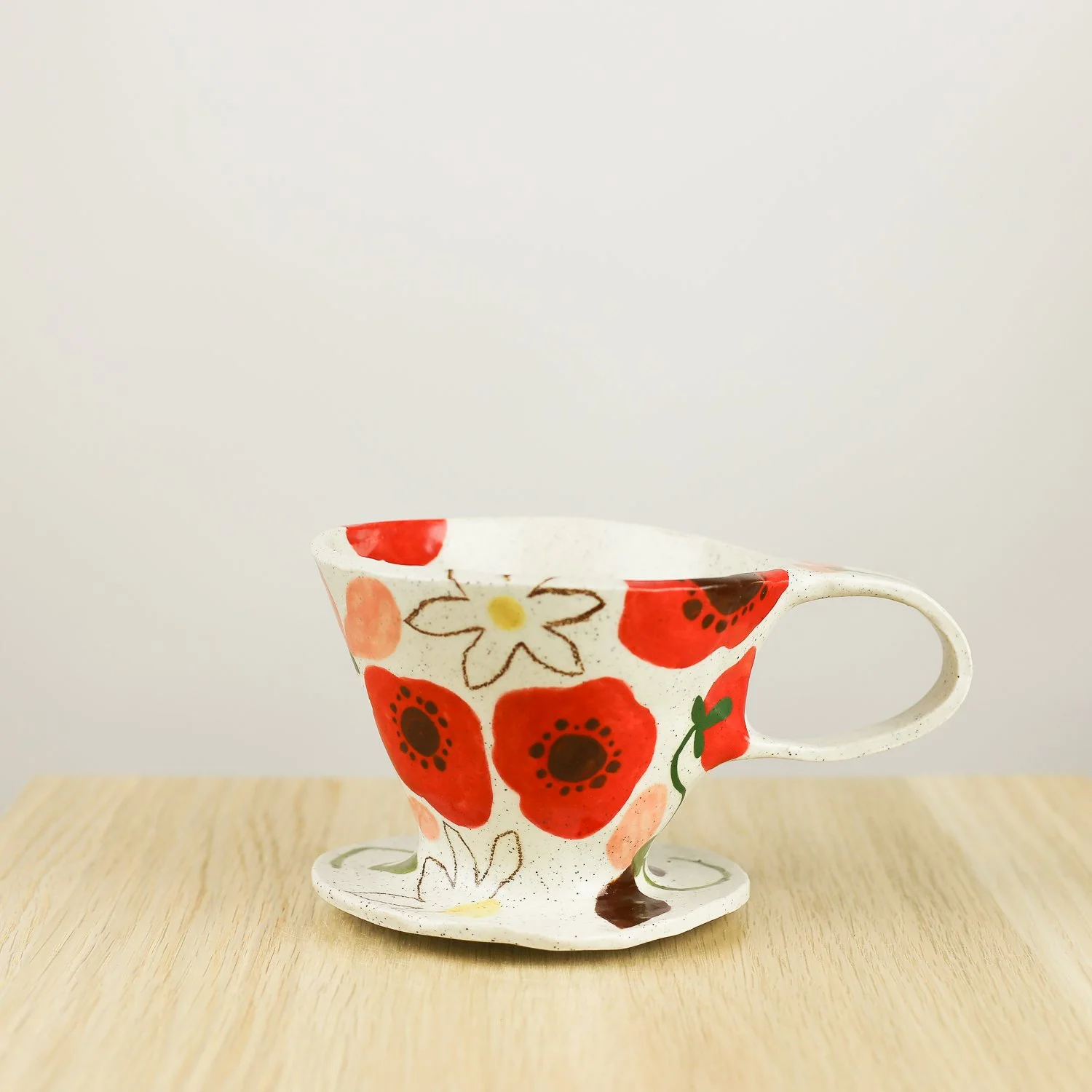Handmade ceramic coffee dripper with poppies daisies and sweet pea flowers, pour over coffee maker by hellomae