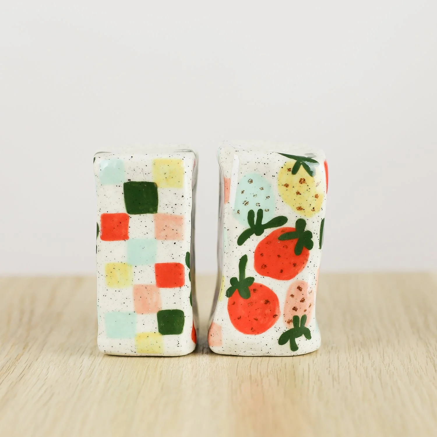 Handmade ceramic salt and pepper shaker set with strawberry and check pattern by hellomae