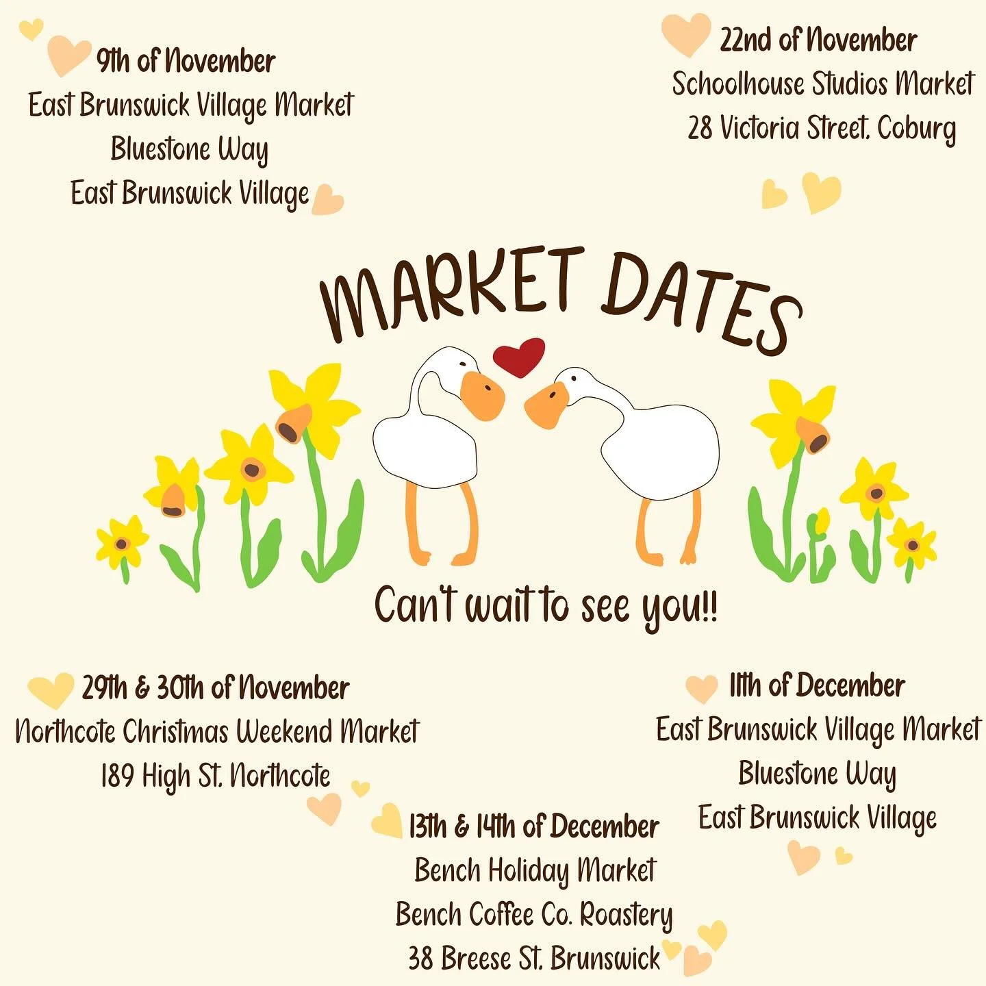 💛 Market season is here! 💛

I&rsquo;ll be popping up at a few lovely markets over the next couple of months &mdash; come say hi, browse my ceramics, textiles, accessories, clothing and maybe find the perfect gift 🎁

✨ Upcoming dates:

🌷9 Nov &nda
