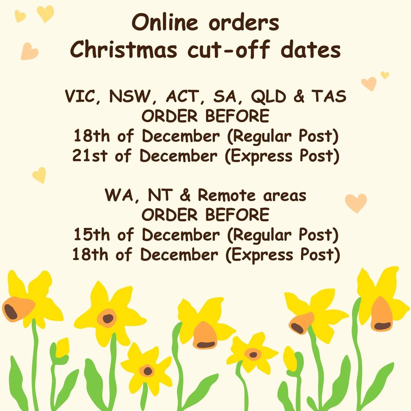 Australia Post 2025 cut-iff dates for getting your gift to you (or to someone else) in time for Christmas are:

✨ VIC, NSW, ACT, QLD &amp; TAS : 18th of December (Regular Post), 21st of December (Express Post)
✨WA, NT &amp; Remote areas : 15th of Dec