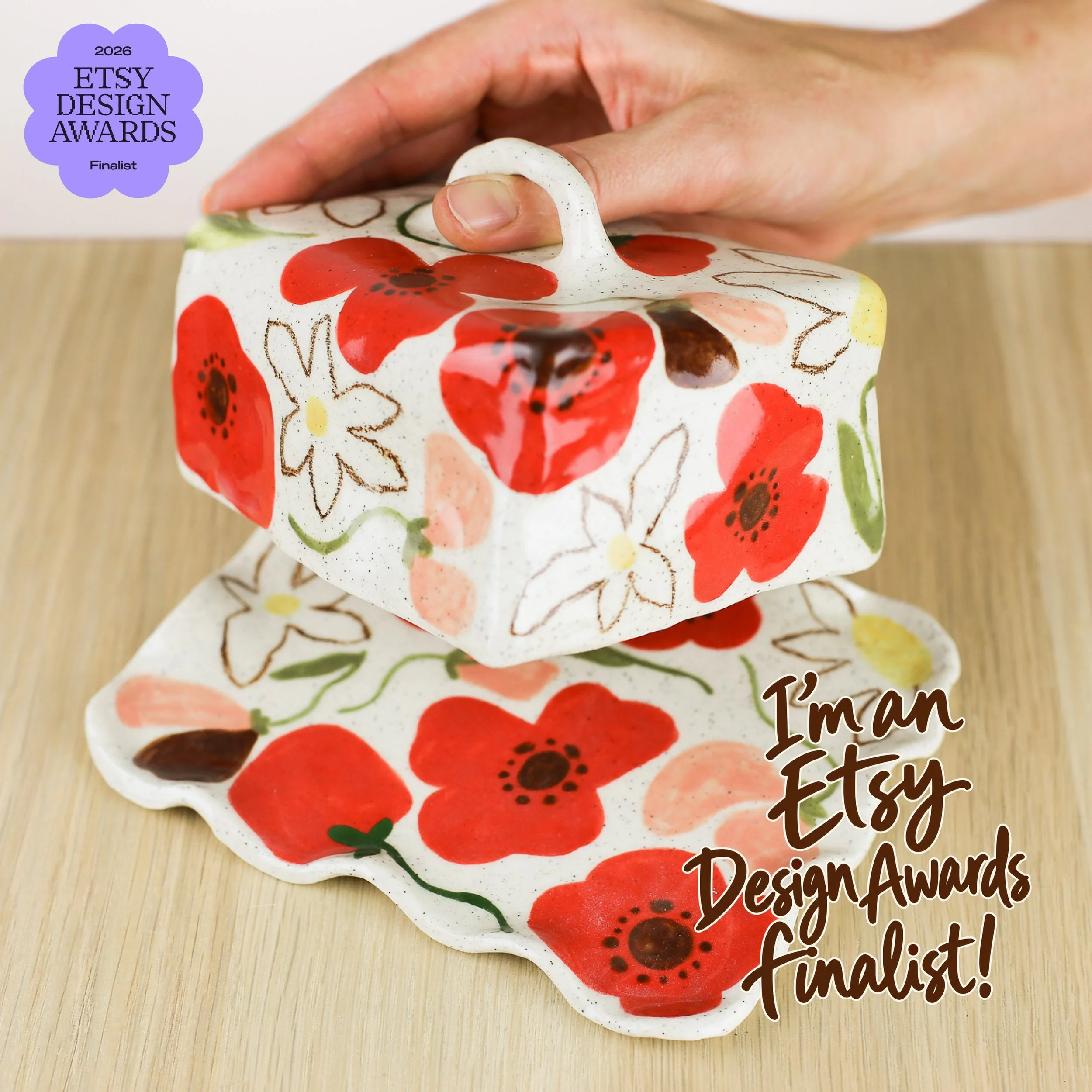 I can finally share the news! 🙌🏻

My Flower Daze Butter Dish is a 2026 Etsy Design Awards finalist! 🥹

I honestly still can&rsquo;t quite believe that this little butter dish, handmade and hand-painted by me here in Melbourne, has made it this far