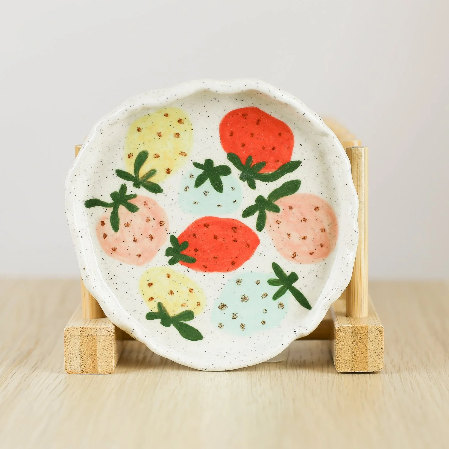 Handmade ceramic trinket dish with colourful strawberries, jewellery dish by hellomae
