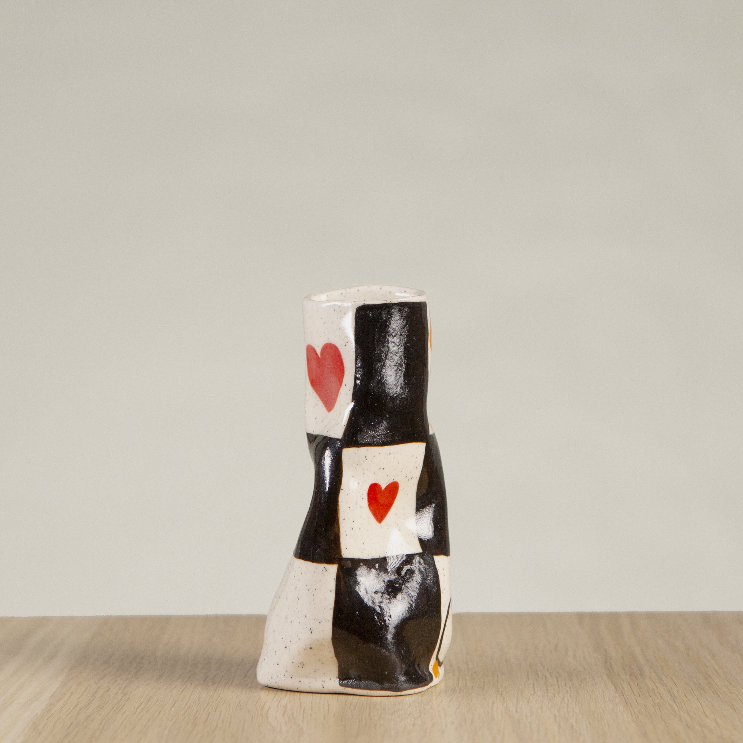 Mini ceramic vase with hand-painted white ducks, black check and love hearts artwork on speckled clay, handmade in Melbourne by hellomaë