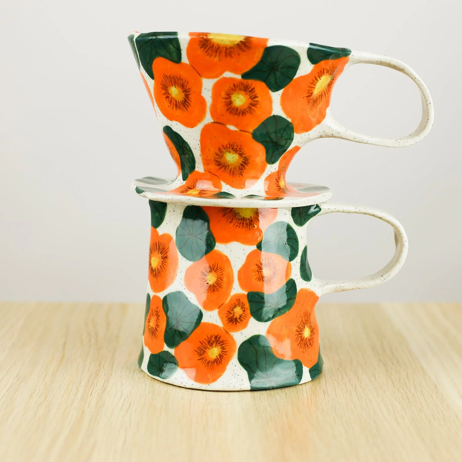 Handmade ceramic jug with nasturtium flowers, 350ml milk jug by hellomae