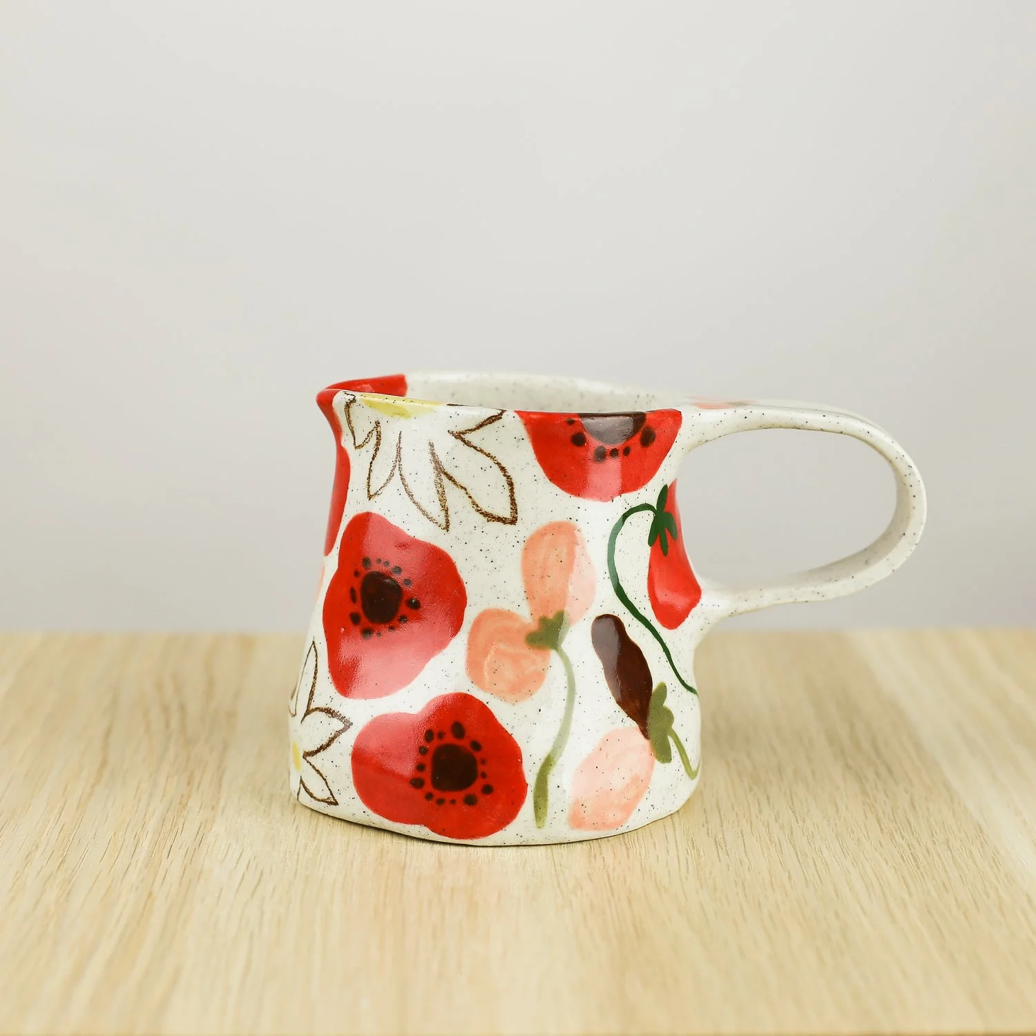 Handmade ceramic jug with poppies daisies and sweet pea flowers, 350ml milk jug by hellomae