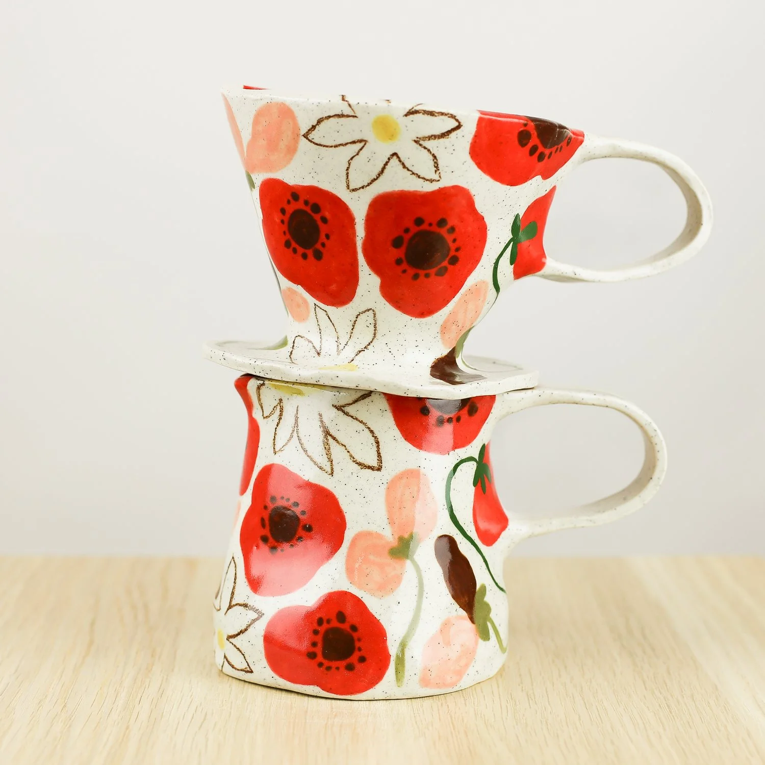 Handmade ceramic jug with poppies daisies and sweet pea flowers, 350ml milk jug by hellomae