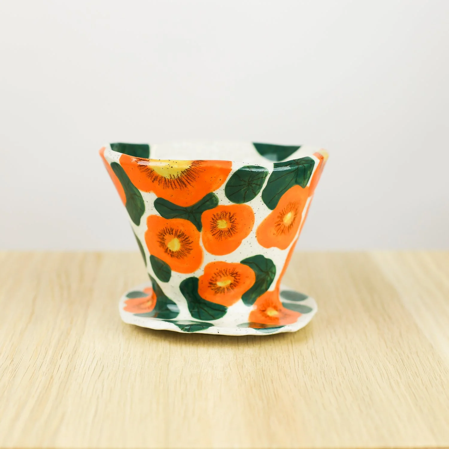 Handmade ceramic coffee dripper with orange nasturtium flowers, pour over coffee maker by hellomae