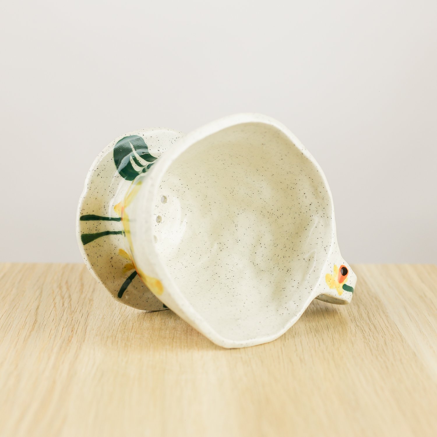 Handmade ceramic coffee dripper with daffodil flowers in yellow and green, pour over coffee maker by hellomae