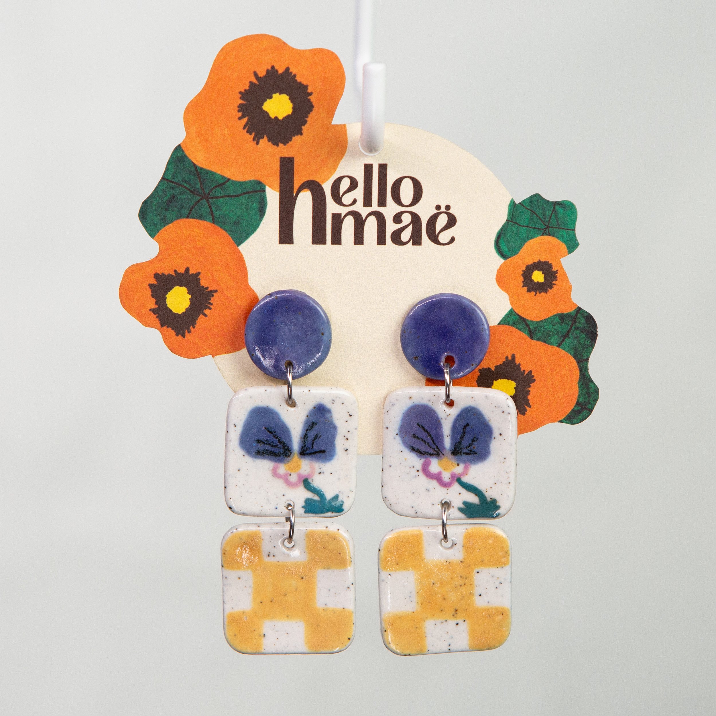 3 tears hand painted earrings with pansy flowers, yellow check and blue circle