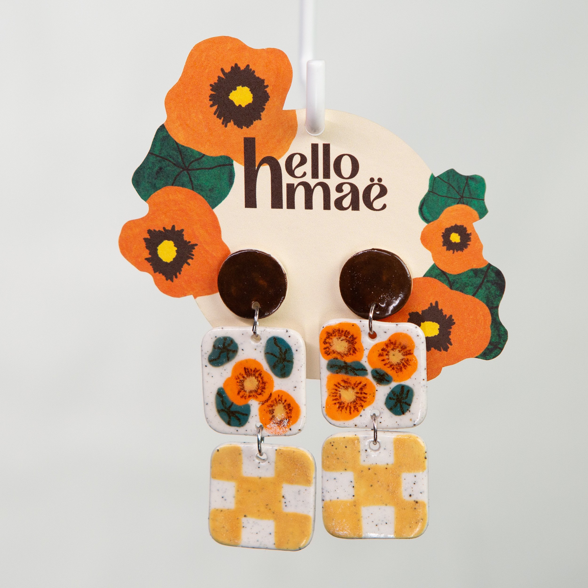 3 tears hand painted earrings with nasturtium flowers, yellow check and brown circle