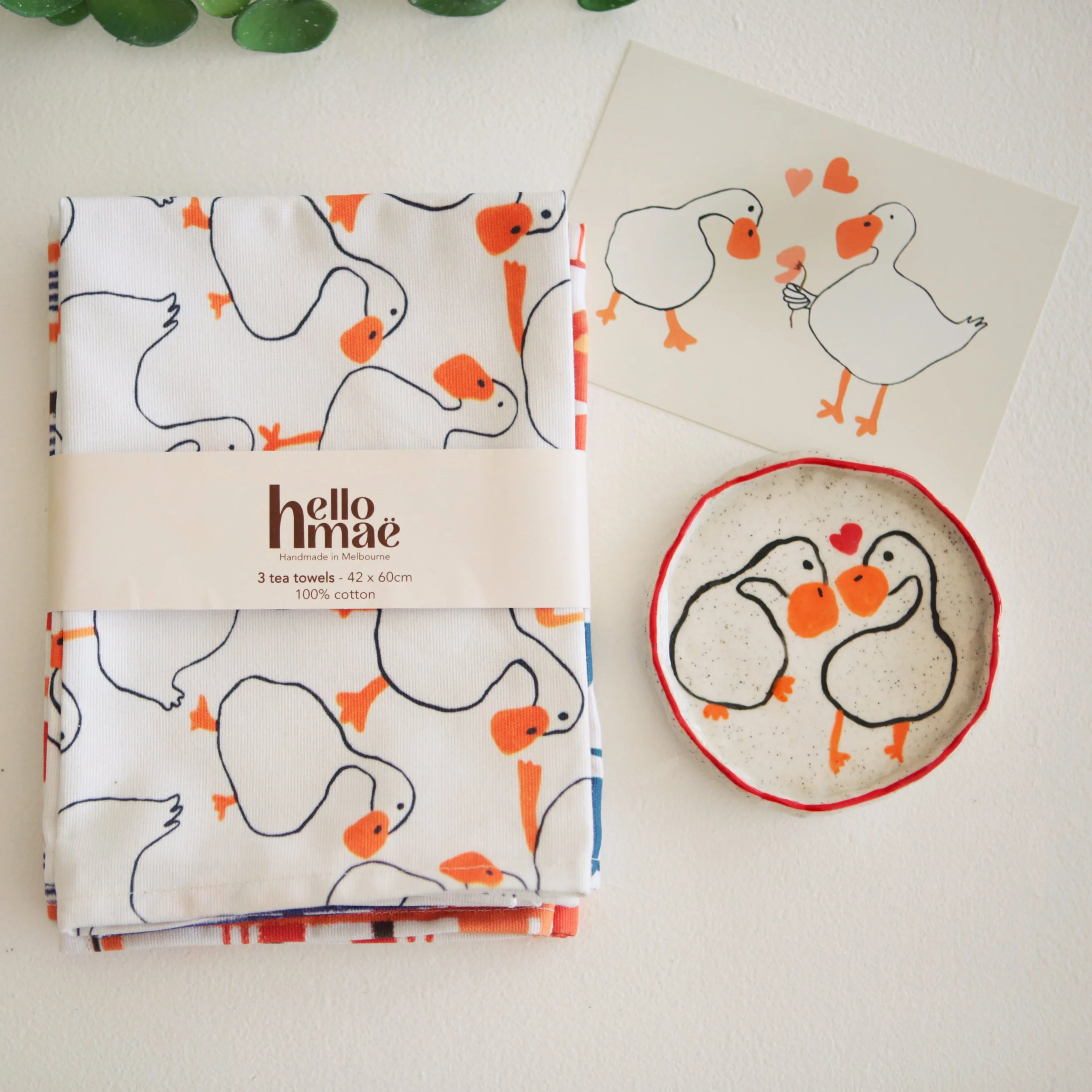 love day bundle, tea towel set of 3 (duck, check, floral) and loving duck ceramic trinket.