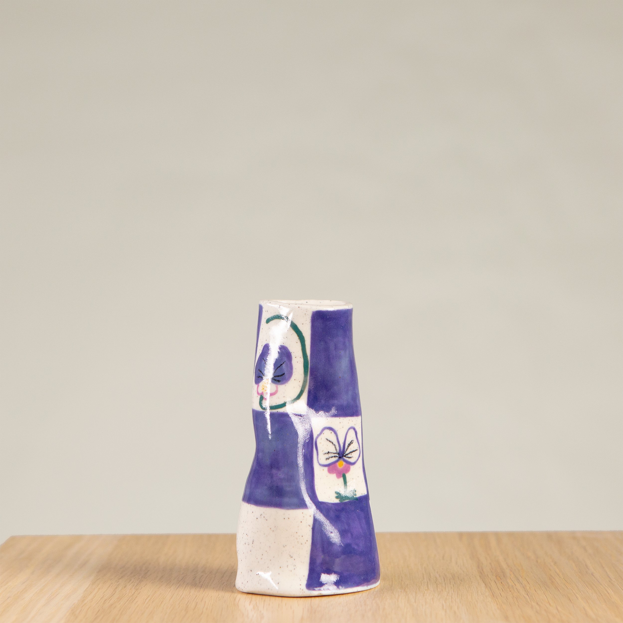 Mini ceramic vase with hand-painted Pansy Flowers & a blue check artwork on speckled clay, handmade in Melbourne by hellomaë