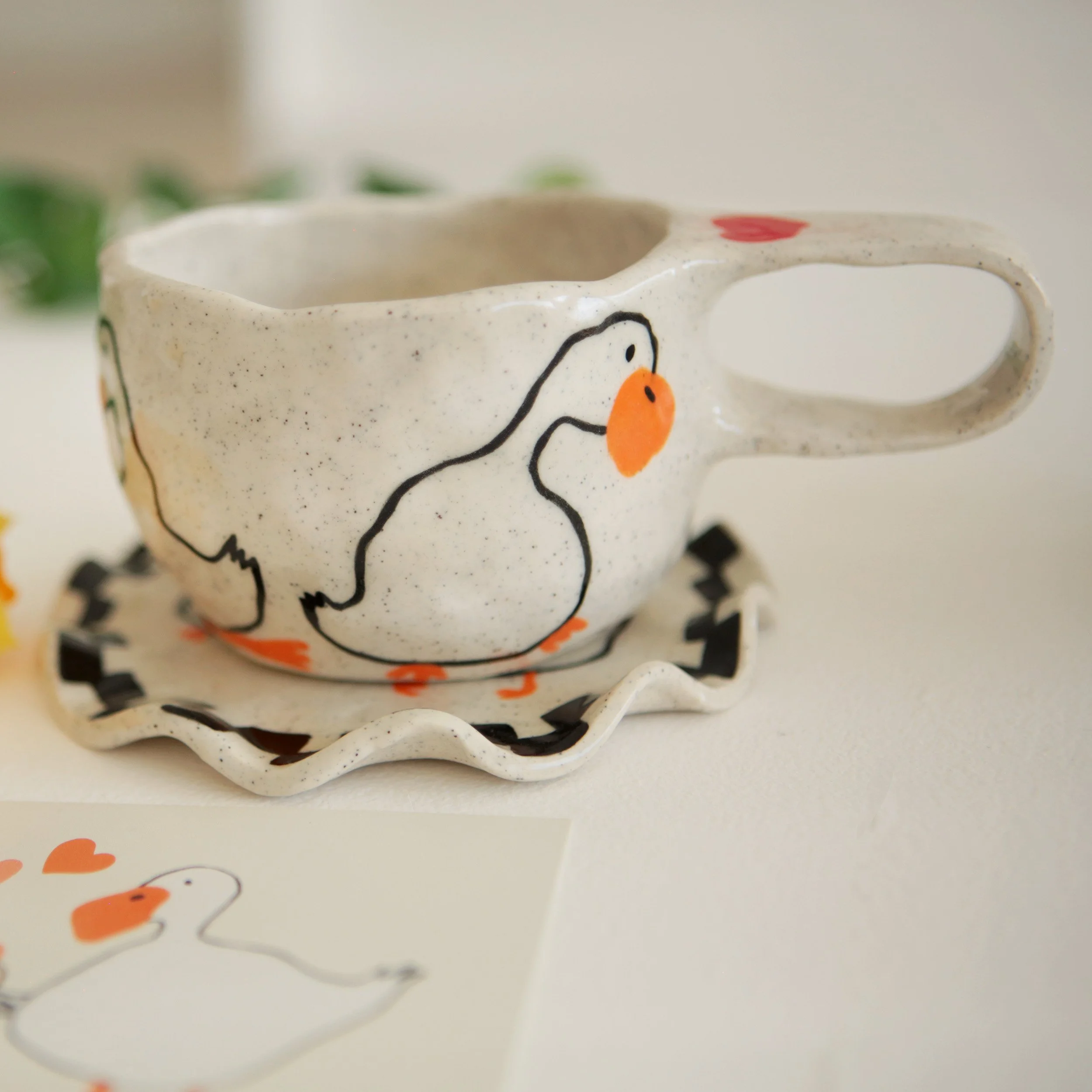 love day bundle, loving duck mug and matching ceramic loving duck saucer/mini plate